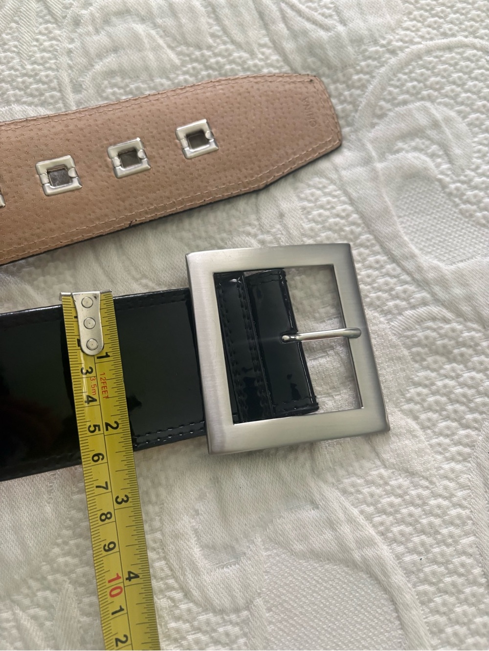 Source Unknown Black Patent Leather Wide Belt with Satin Silver Square Buckle